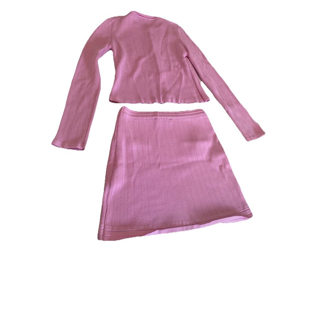 zara pink ribbed cardigan skirt set gold buttons sz L classic DC lady jacket - Picture 3 of 10
